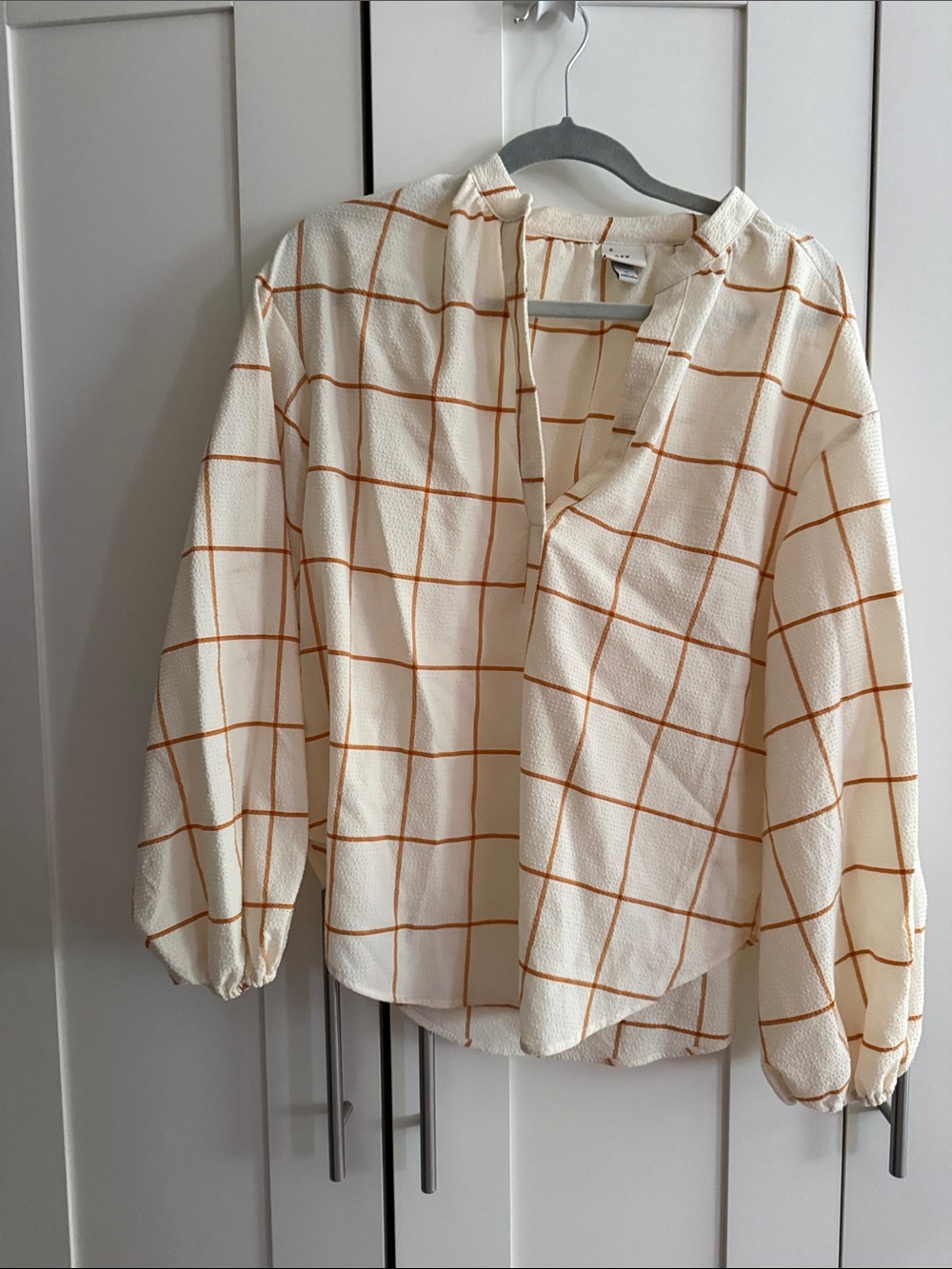 a new day Cream Blouse with Rust Windowpane Stripes